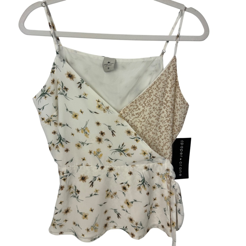 Paper Crane Women Cute Floral Faux Wrap Peplum‎ Hem V Neck Tank Top Size M